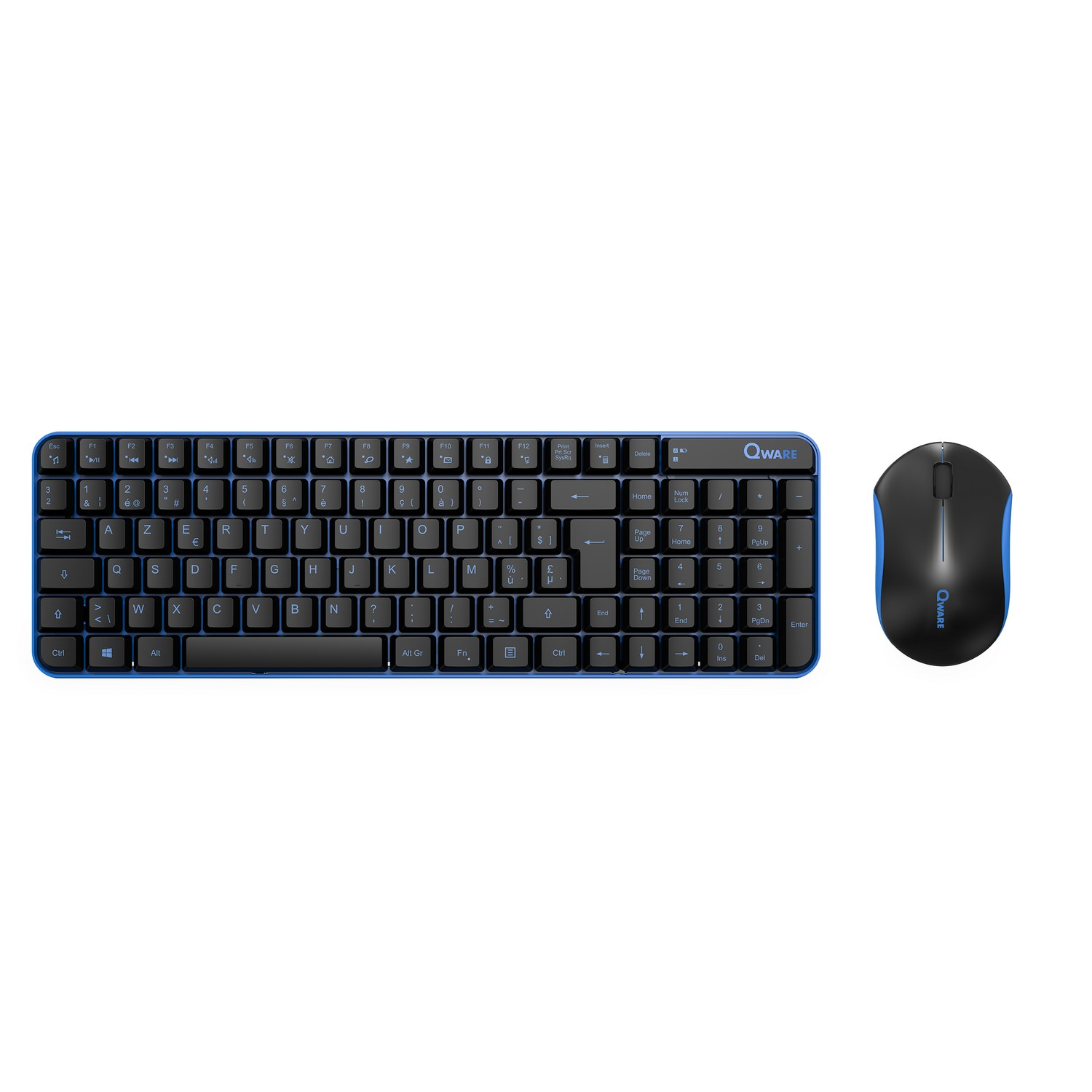 A blue and black keyboard and a black mouse. Both have a blue trim.