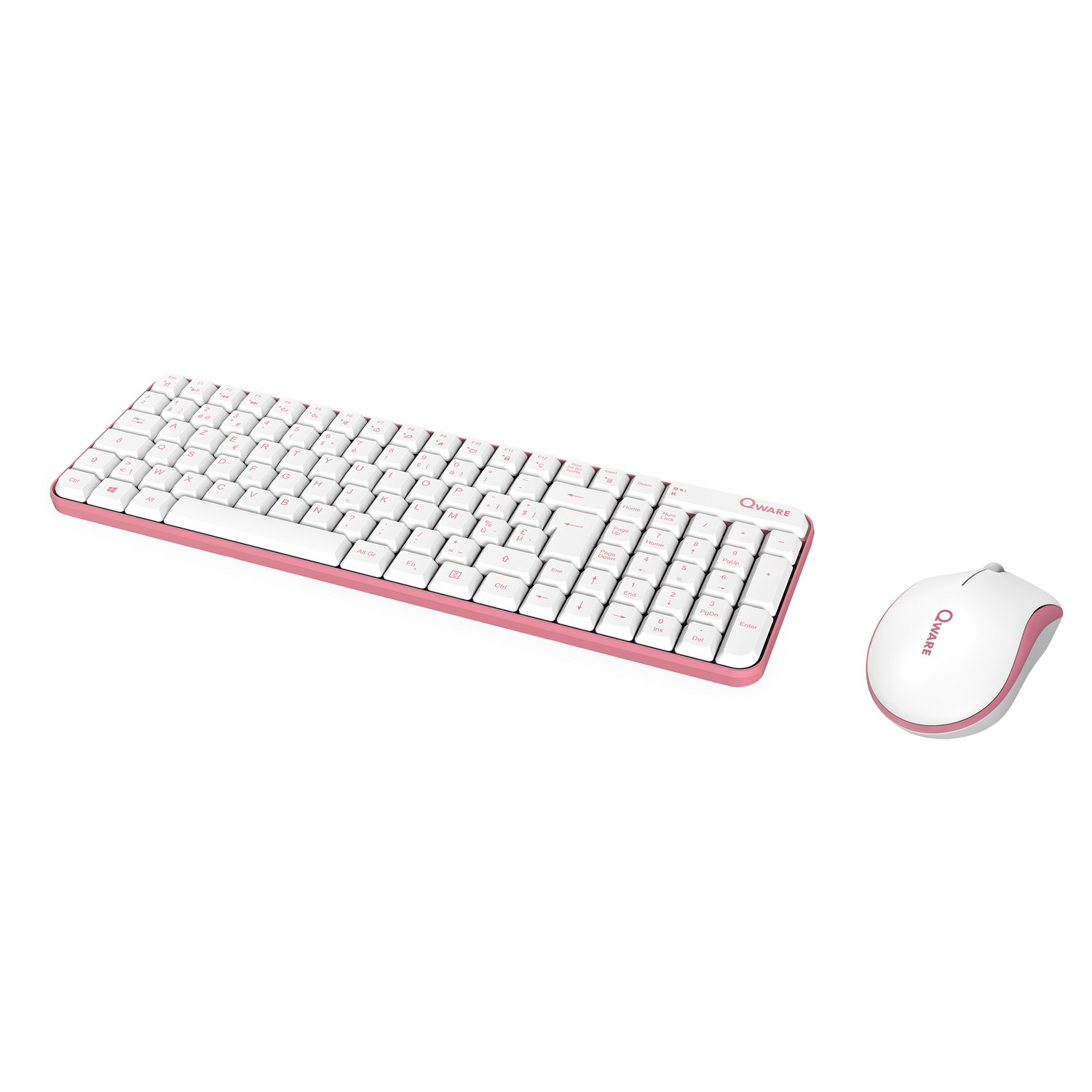 A white keyboard and mouse with a pink outline. The keyboard has white keys with black letters. The mouse has a scroll wheel.
