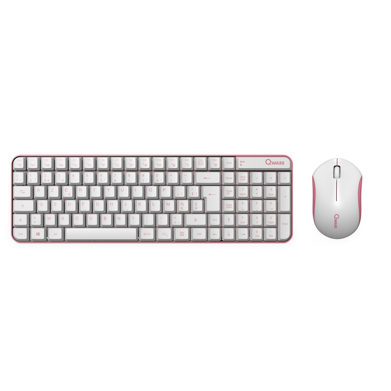 A white keyboard and mouse set with pink accents. The keyboard has white keys and the mouse has a pink outline.
