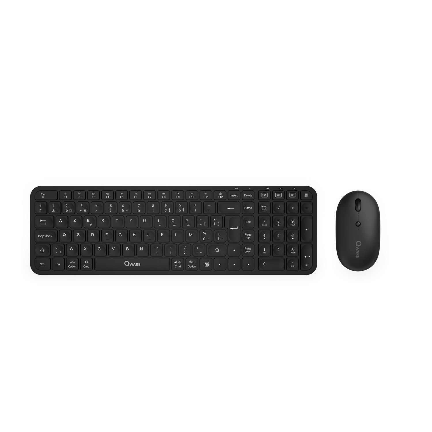 A black keyboard and a black mouse. White background.