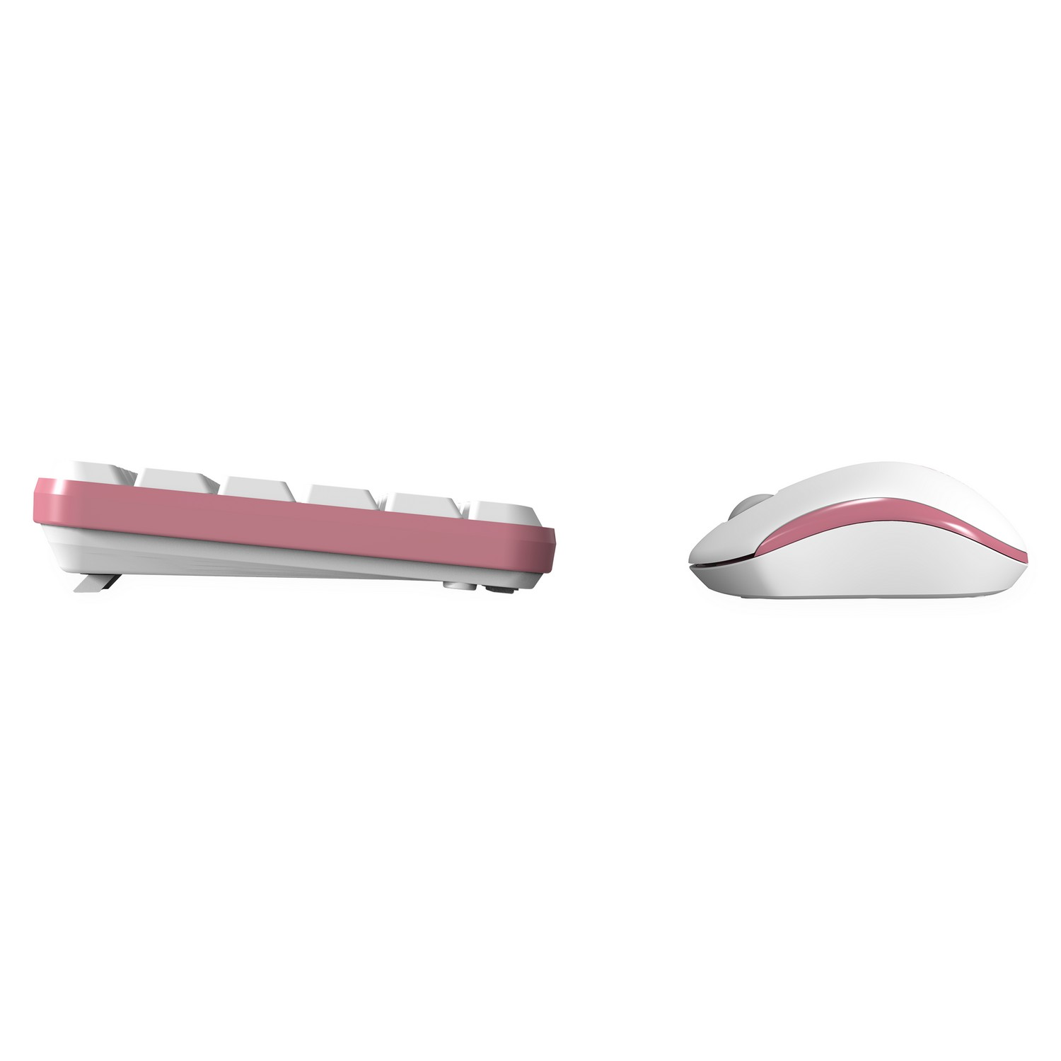 A white keyboard and mouse with pink accents on a white background. The keyboard is on the left, and the mouse is on the right.