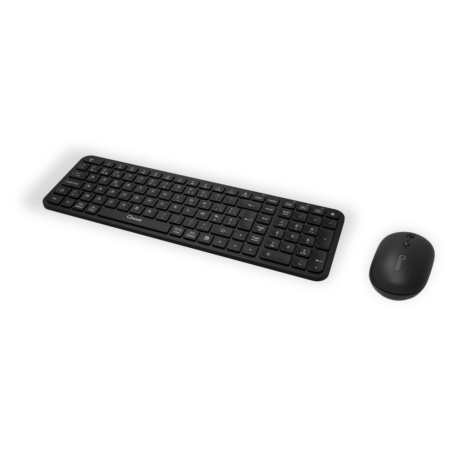 Black keyboard and mouse set. White background.