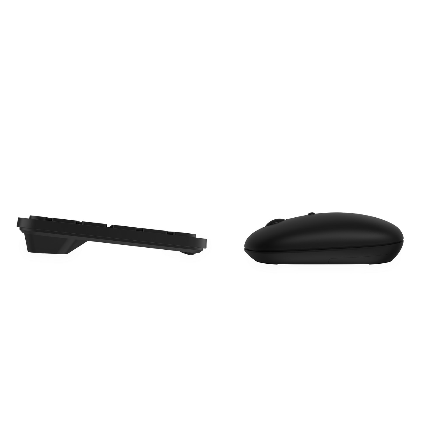 Black keyboard and mouse on white. Keyboard is angled, mouse is oval.