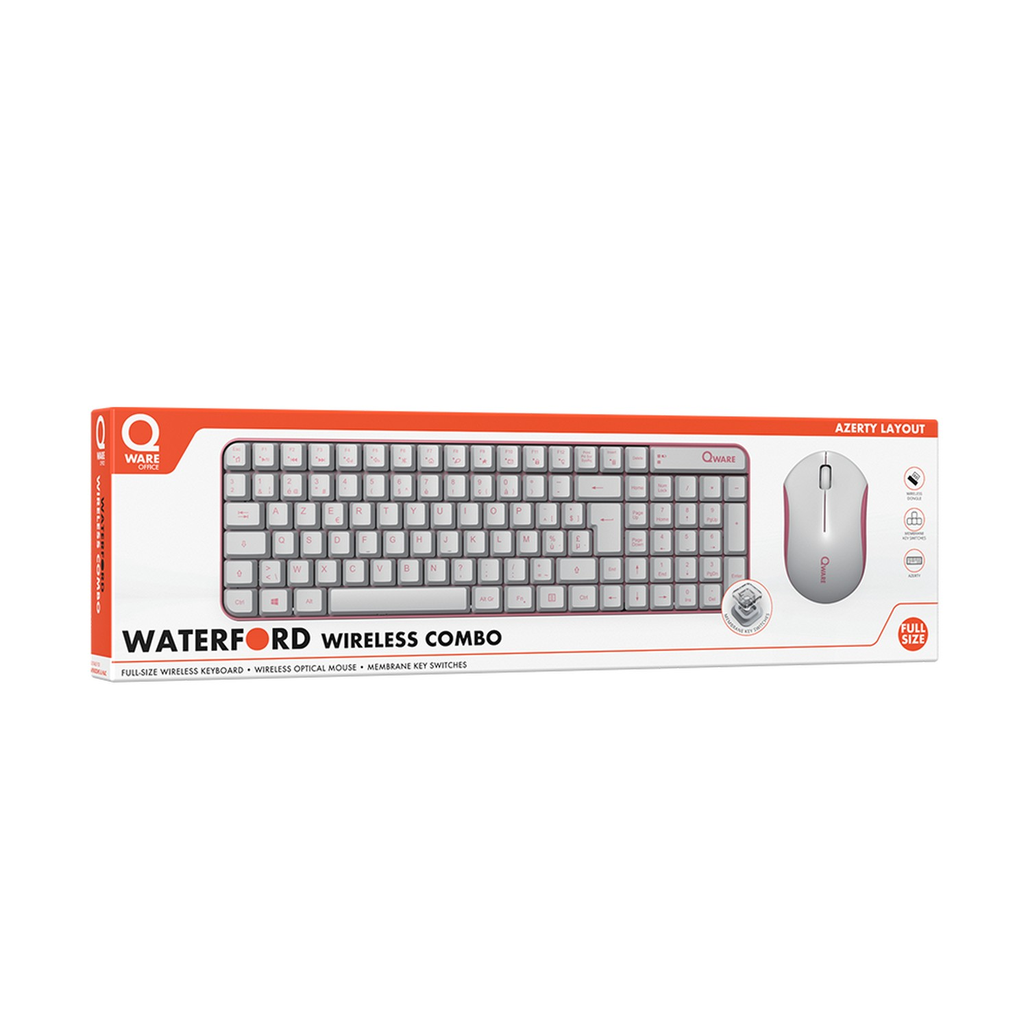 A boxed Waterford wireless combo kit. Includes a keyboard and mouse. The keyboard has an AZERTY layout and the mouse is silver.
