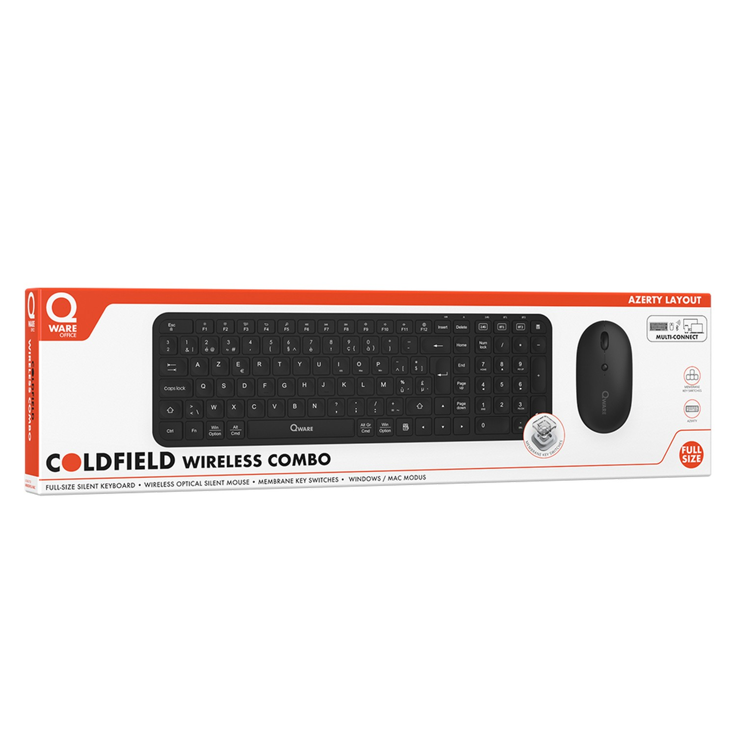 Keyboard and mouse combo on a white background. Black keys and a black mouse.