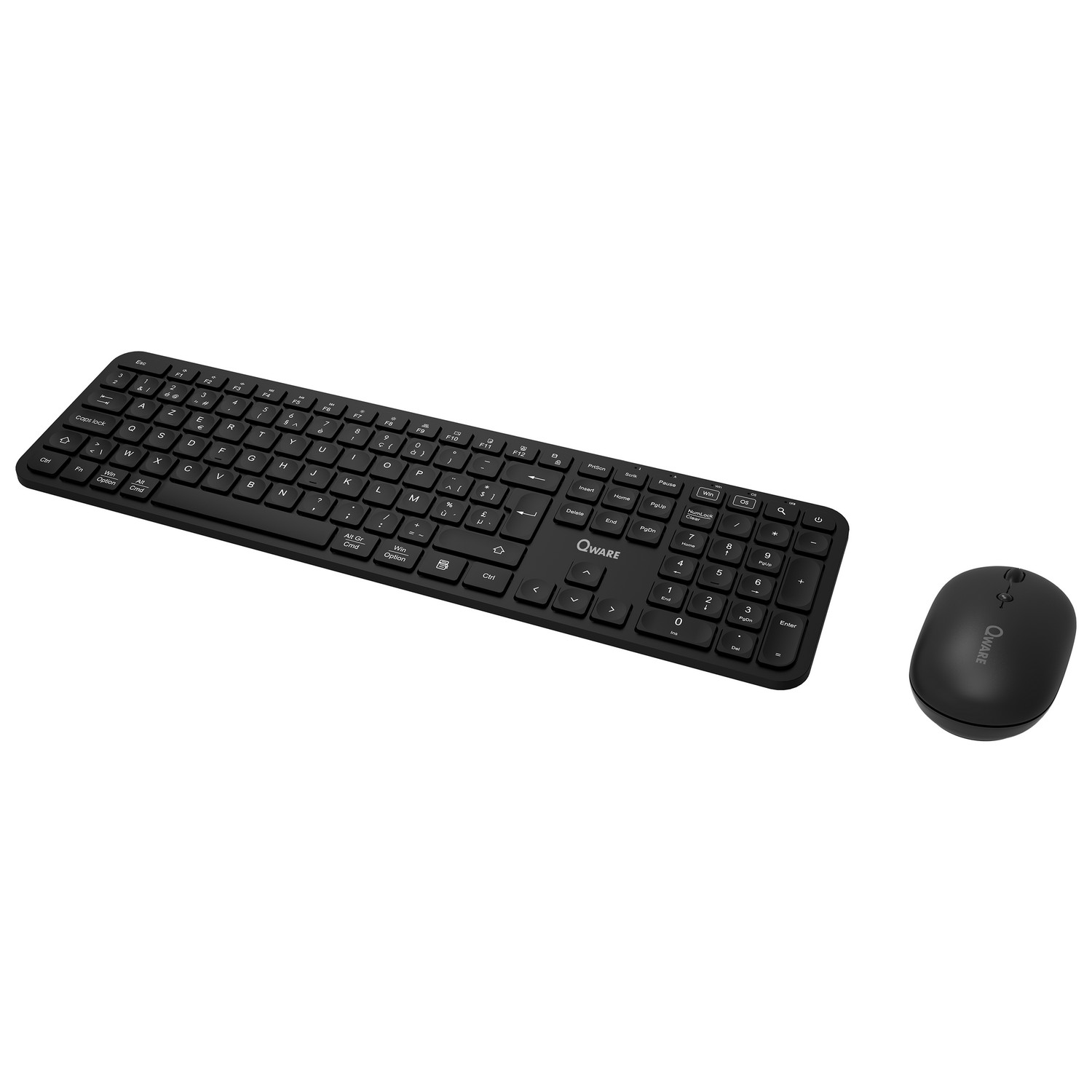 A black wireless keyboard and mouse set. The keyboard has white letters and numbers.