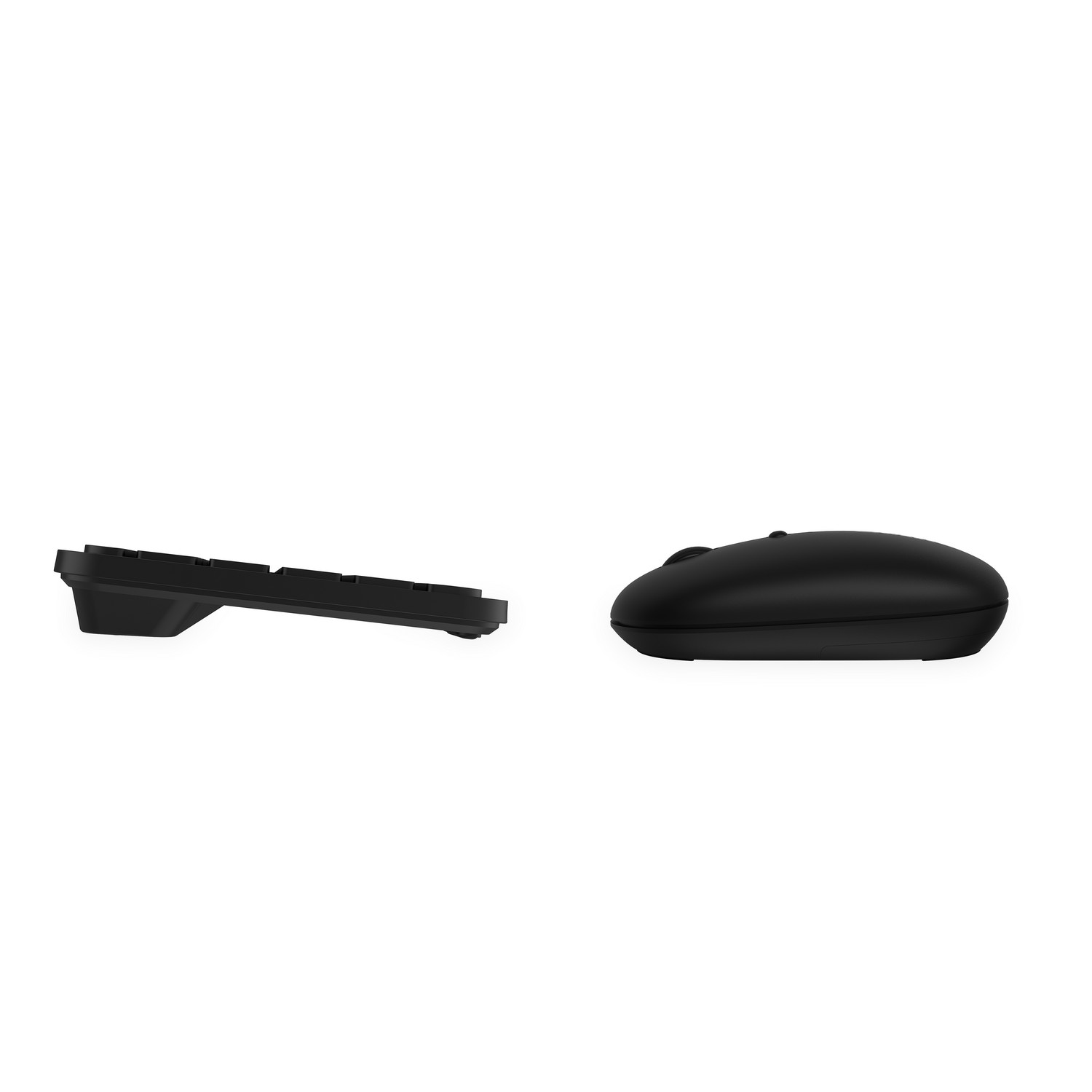 Black wireless keyboard and mouse, side by side on a white surface.