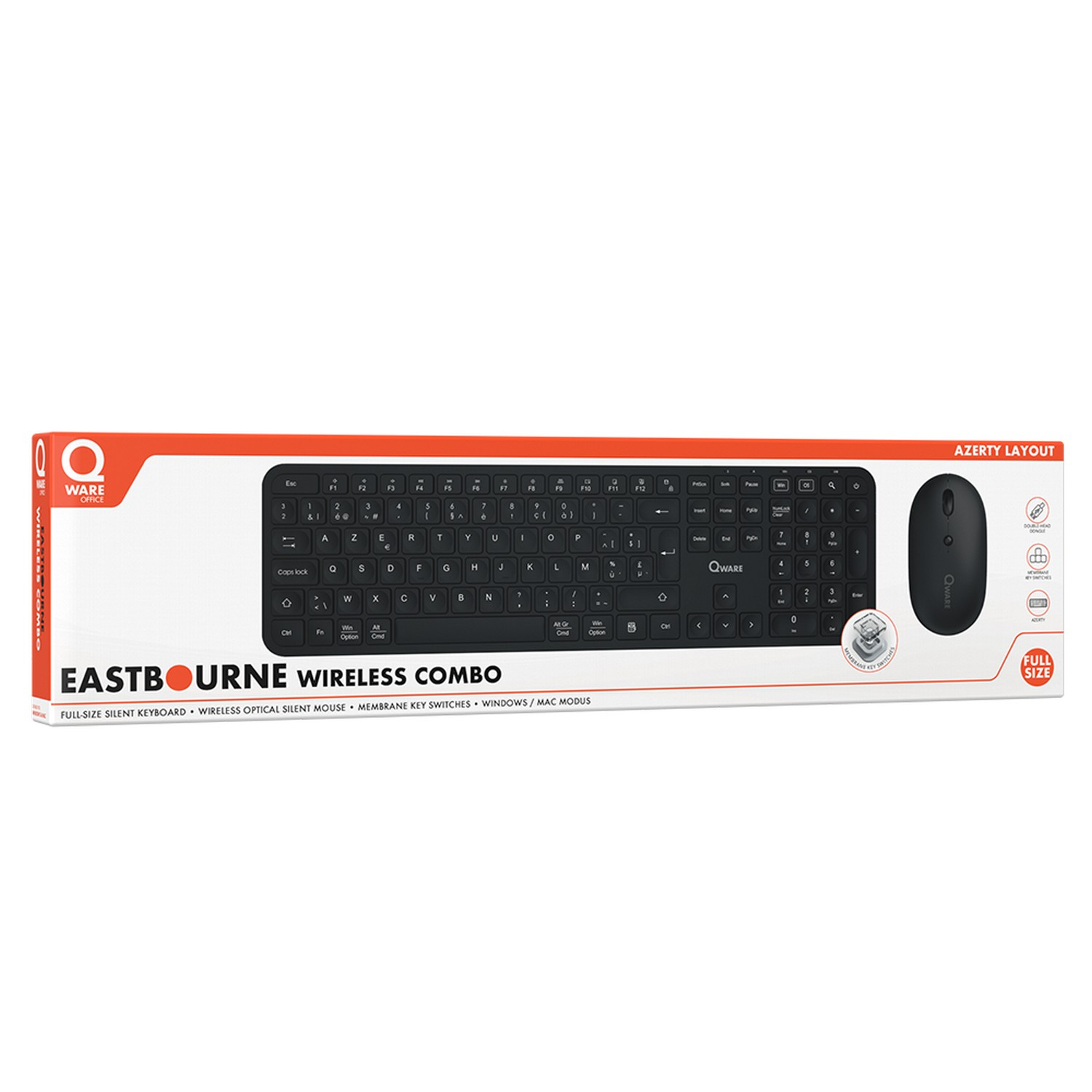 A computer keyboard and mouse combo in a box, with branding and product details displayed.