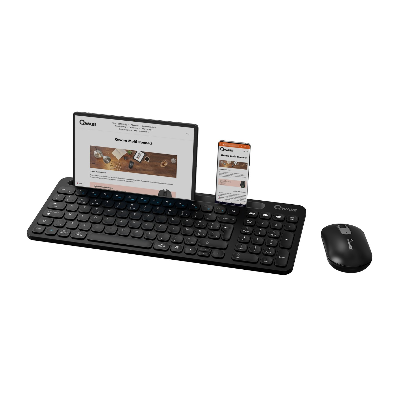 Black Qware keyboard, a tablet and a smartphone, along with a mouse. All devices are black.