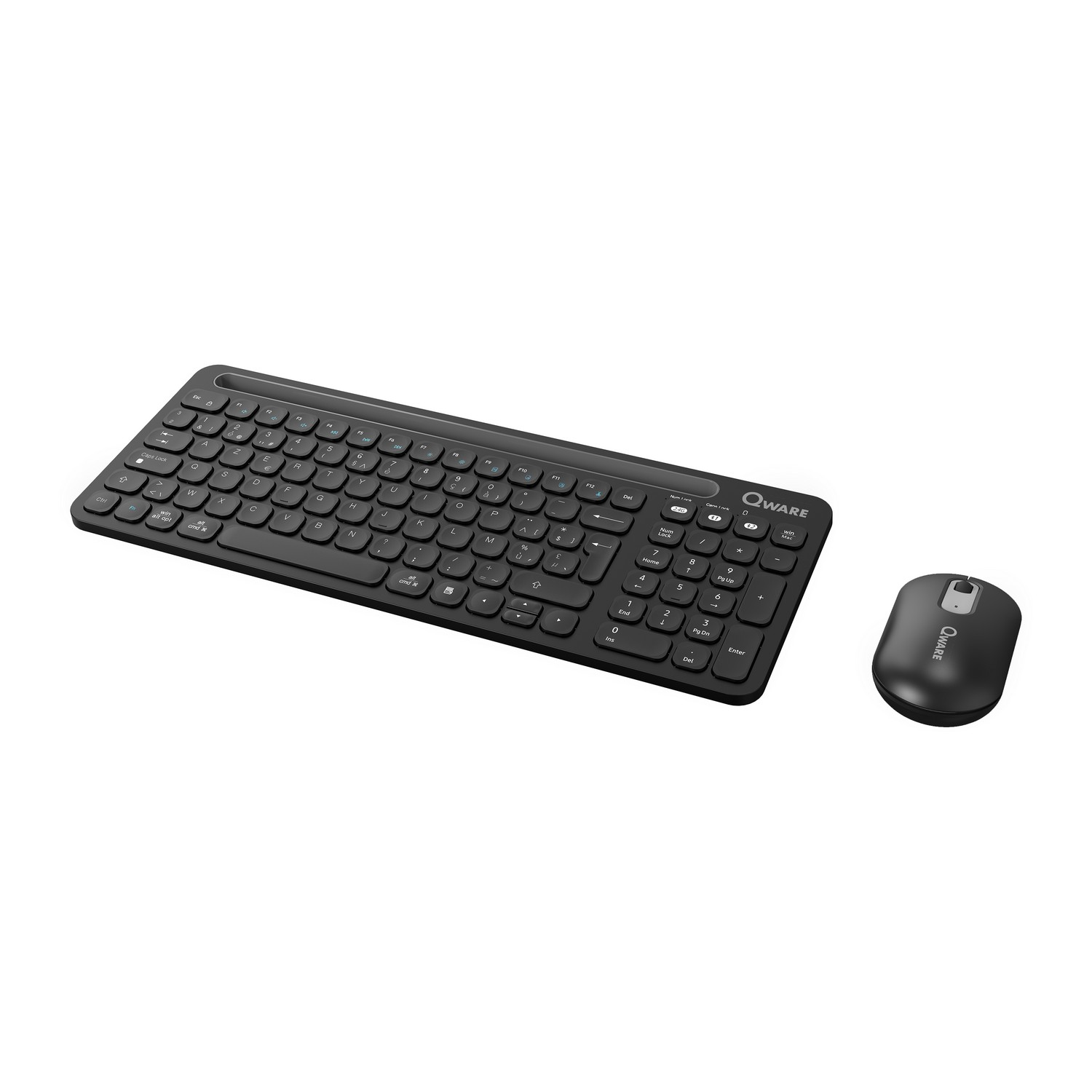 Black wireless keyboard and mouse set on a white surface, with Qware brand on the mouse.