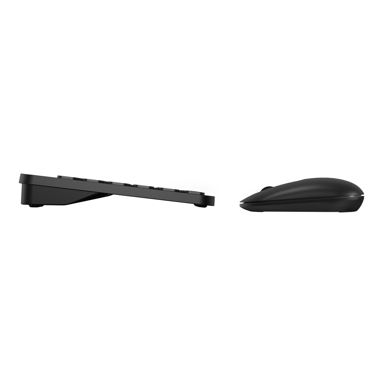 Black keyboard and mouse side by side on a white background, showing the side profiles.