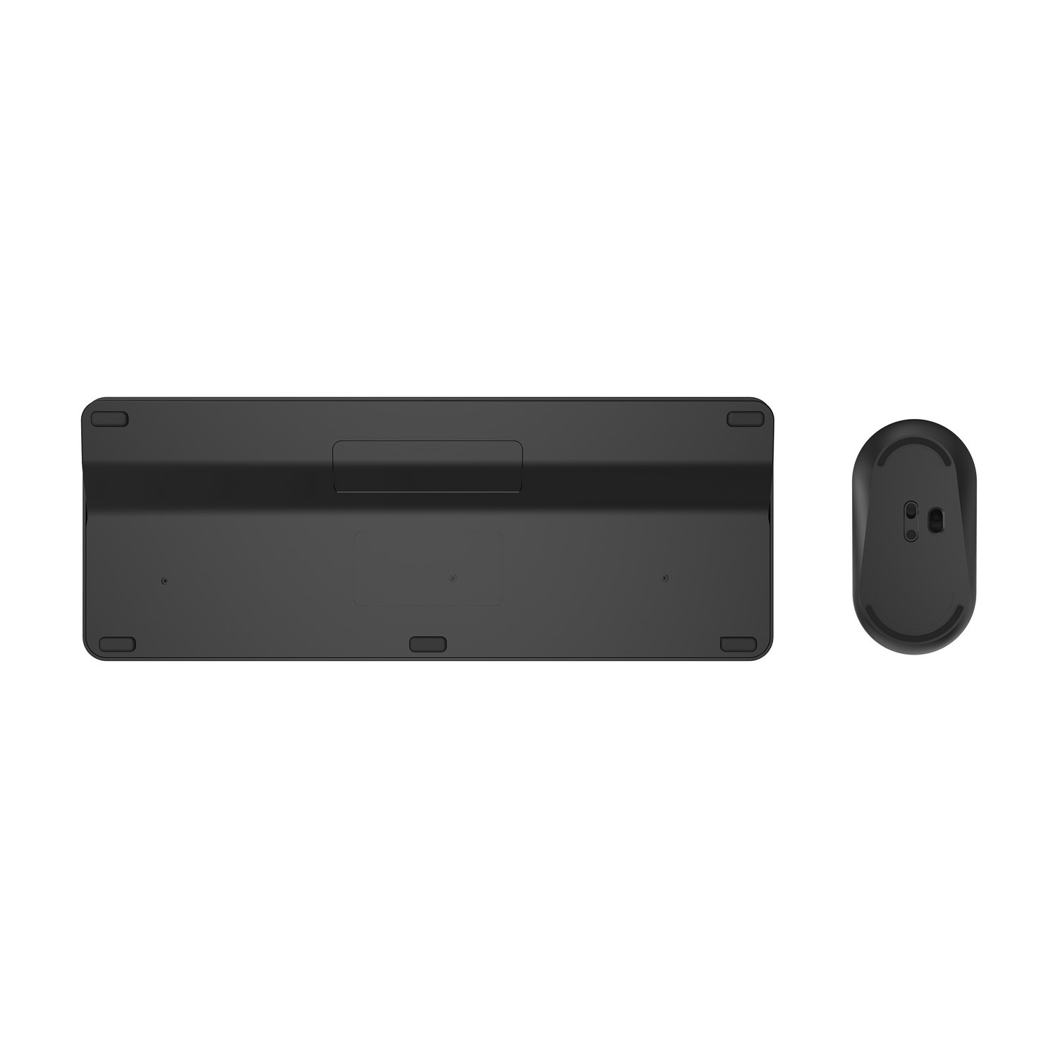 A black keyboard and mouse set. Keyboard is rectangular, mouse is oval. Both are on a white background.