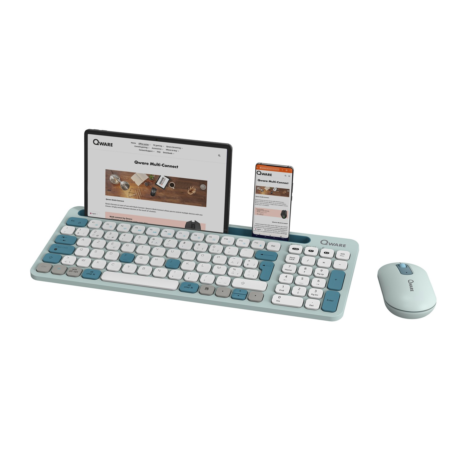 A keyboard, tablet and phone on a desk. All are light blue and white.