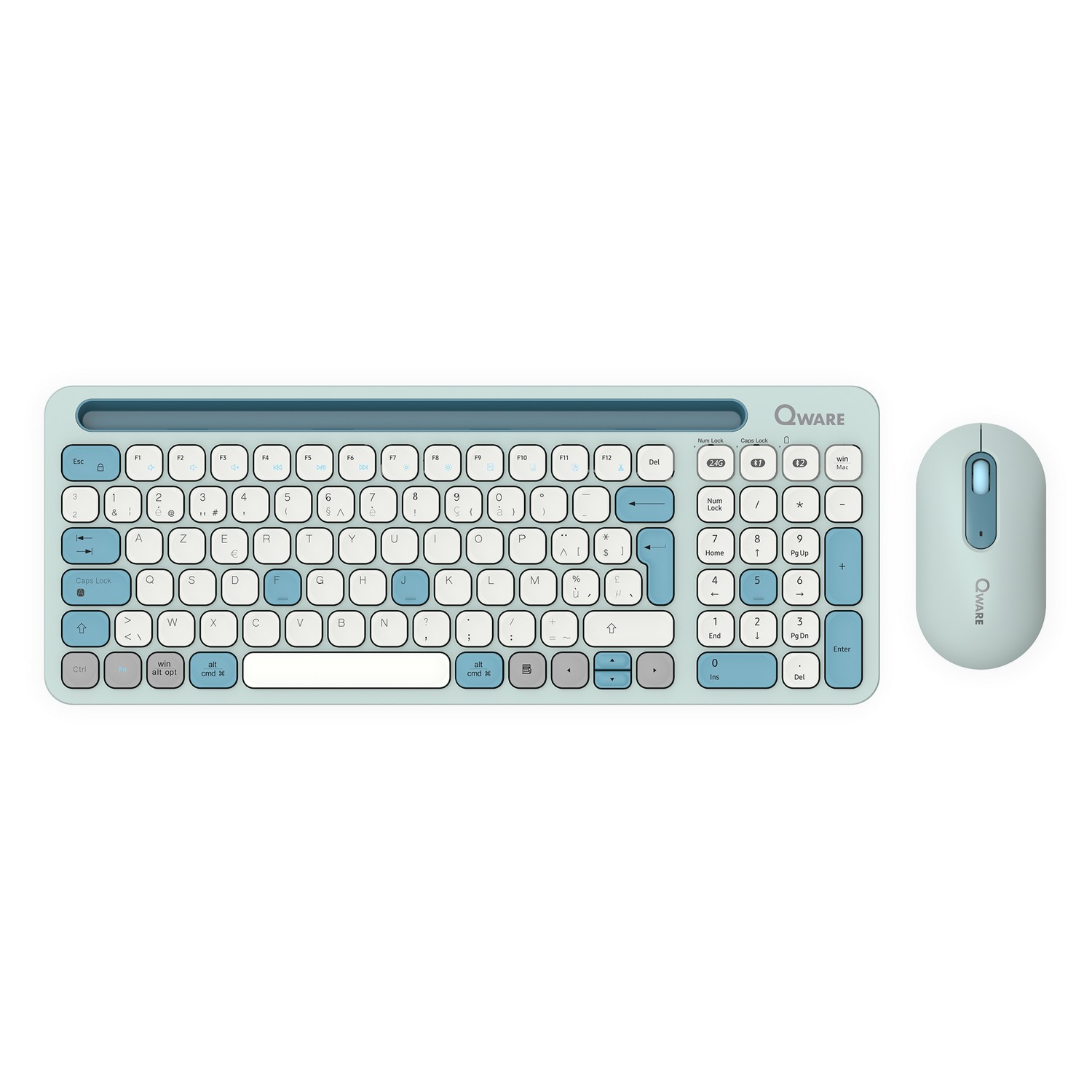 A keyboard and a mouse.  The keyboard is blue and white, the mouse is blue and white.