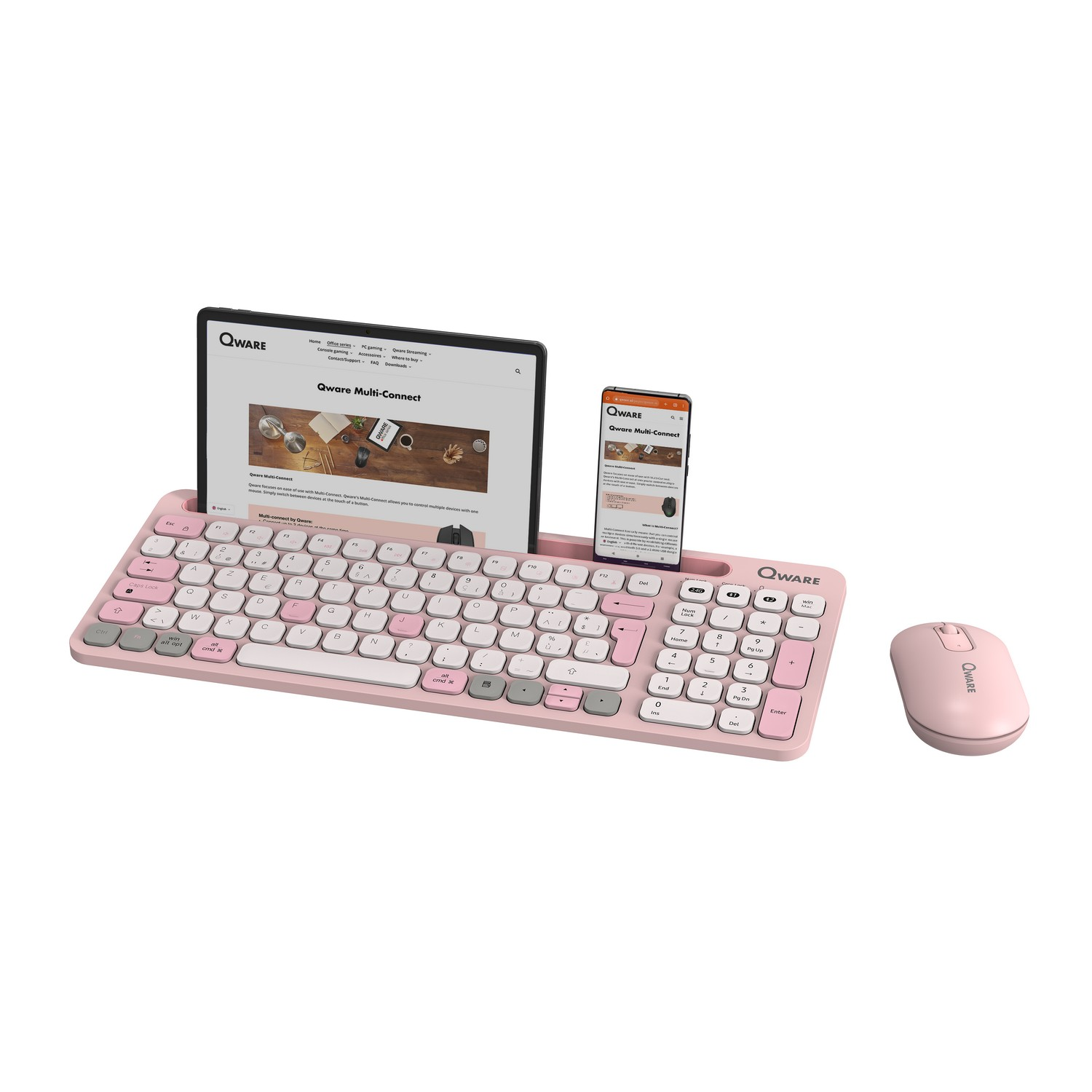Pink keyboard, mouse, and tablet stand with tablet and phone.