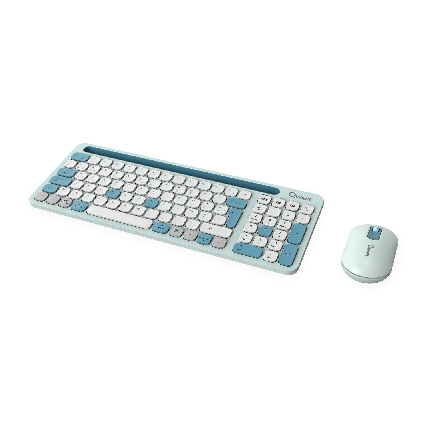 A light blue keyboard and mouse set on a white background.