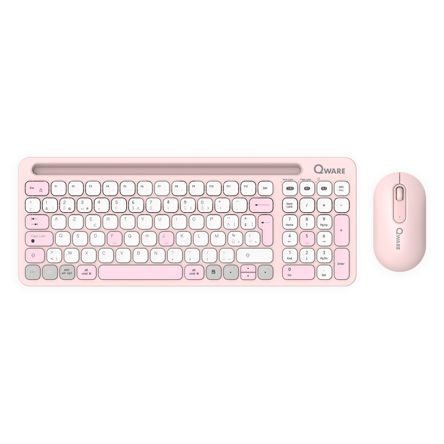A pink Qware keyboard and mouse set, top view, on a white surface. The keyboard is compact.