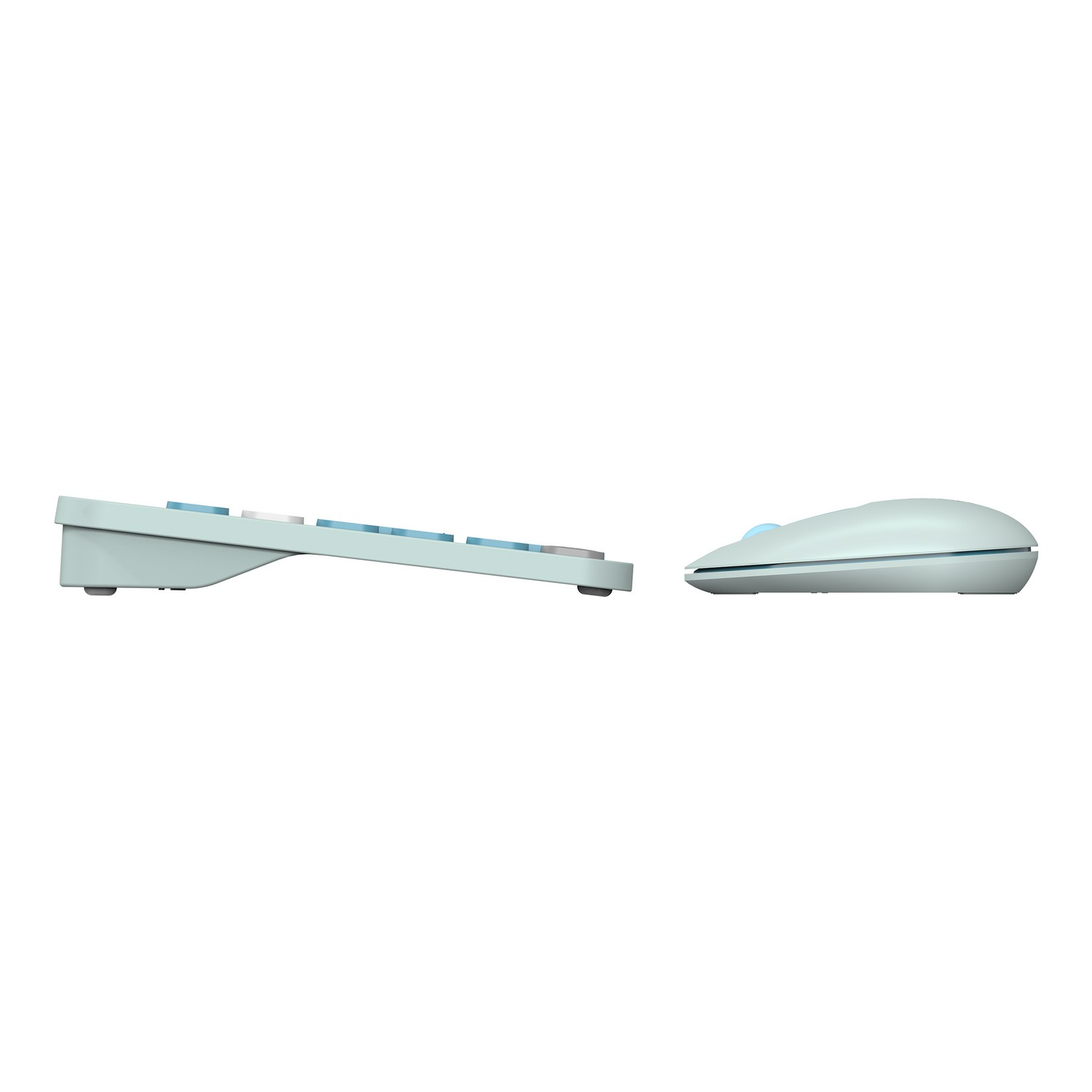 Light blue keyboard and mouse, side view.