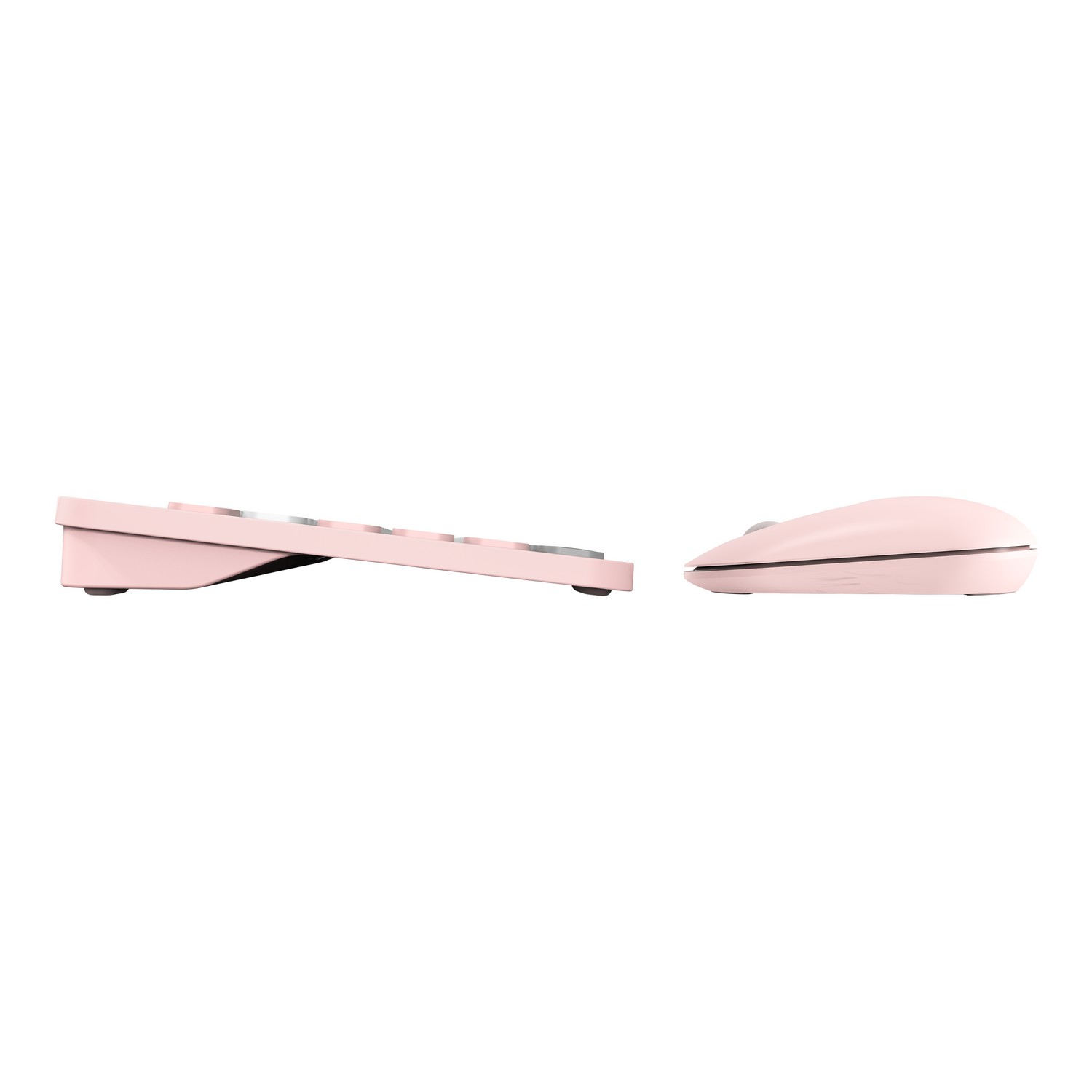 Pink keyboard and mouse set. The keyboard is angled upward, and the mouse is to its right.