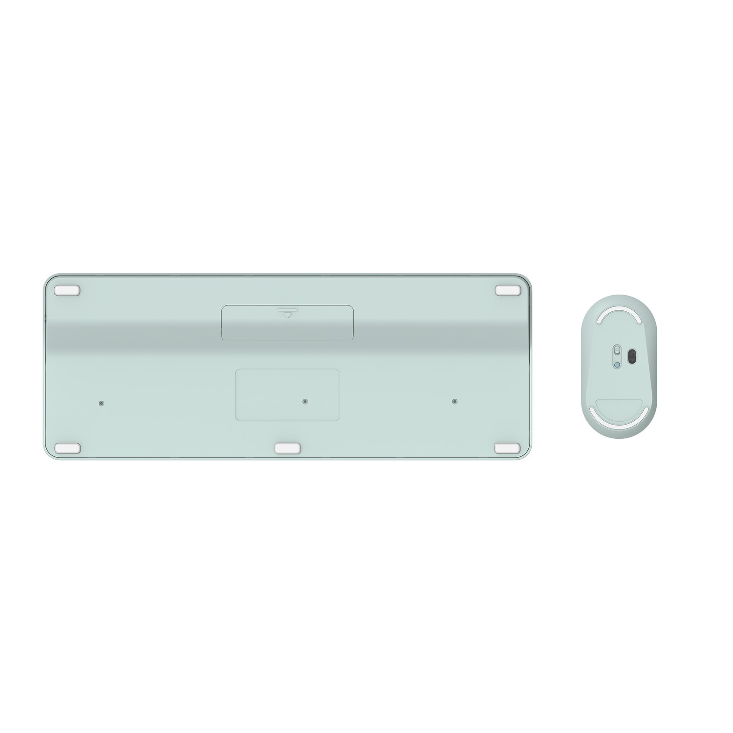 A light blue keyboard and a mouse. Both are white in color on a white background.