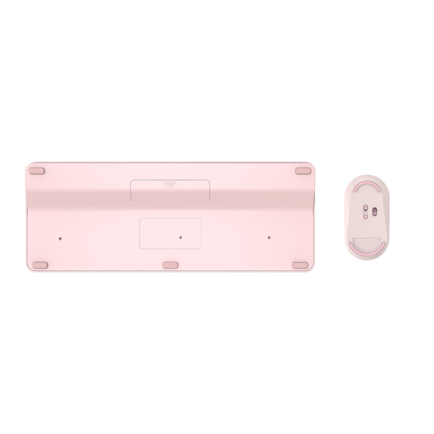 Pink keyboard and mouse set, viewed from below.