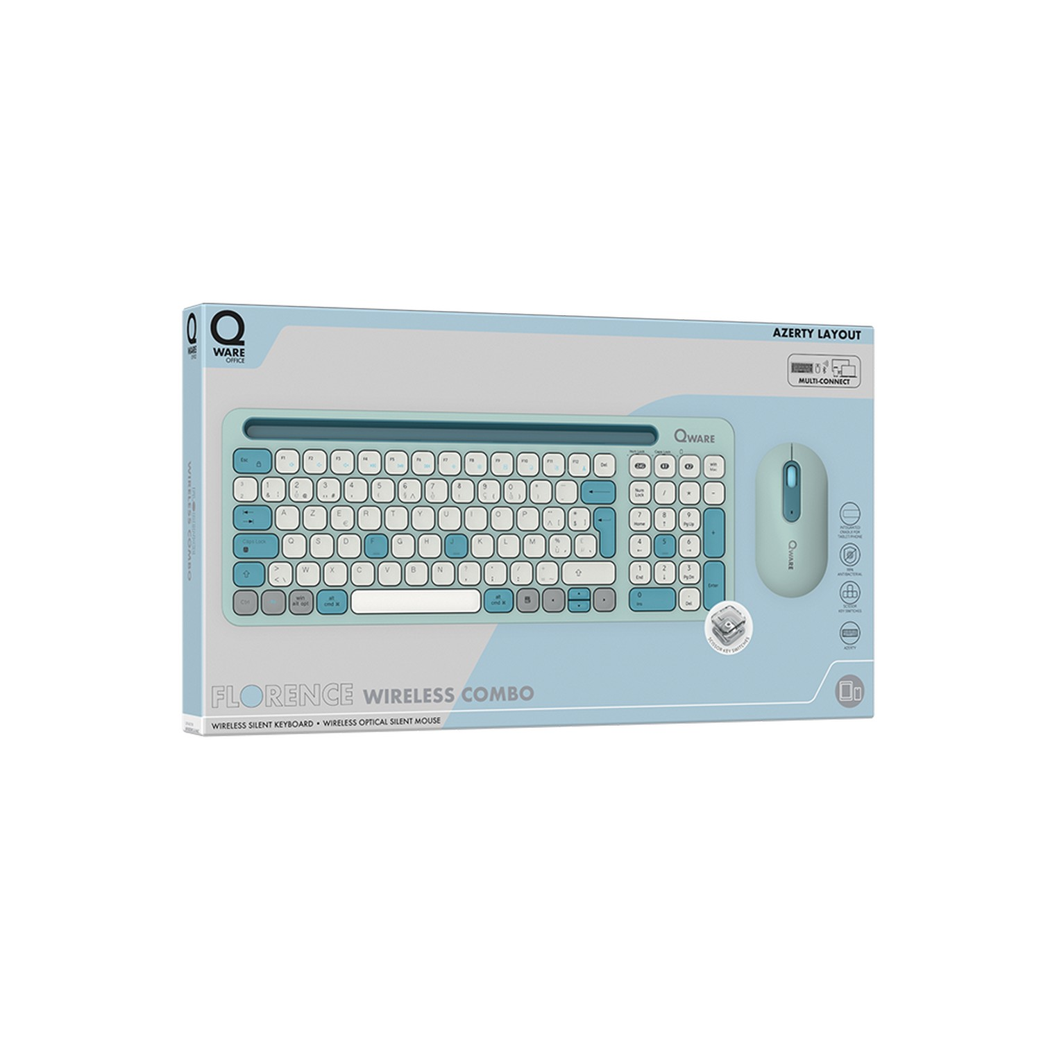 A keyboard and mouse combo in a box. The keyboard is light blue and white. Wireless.