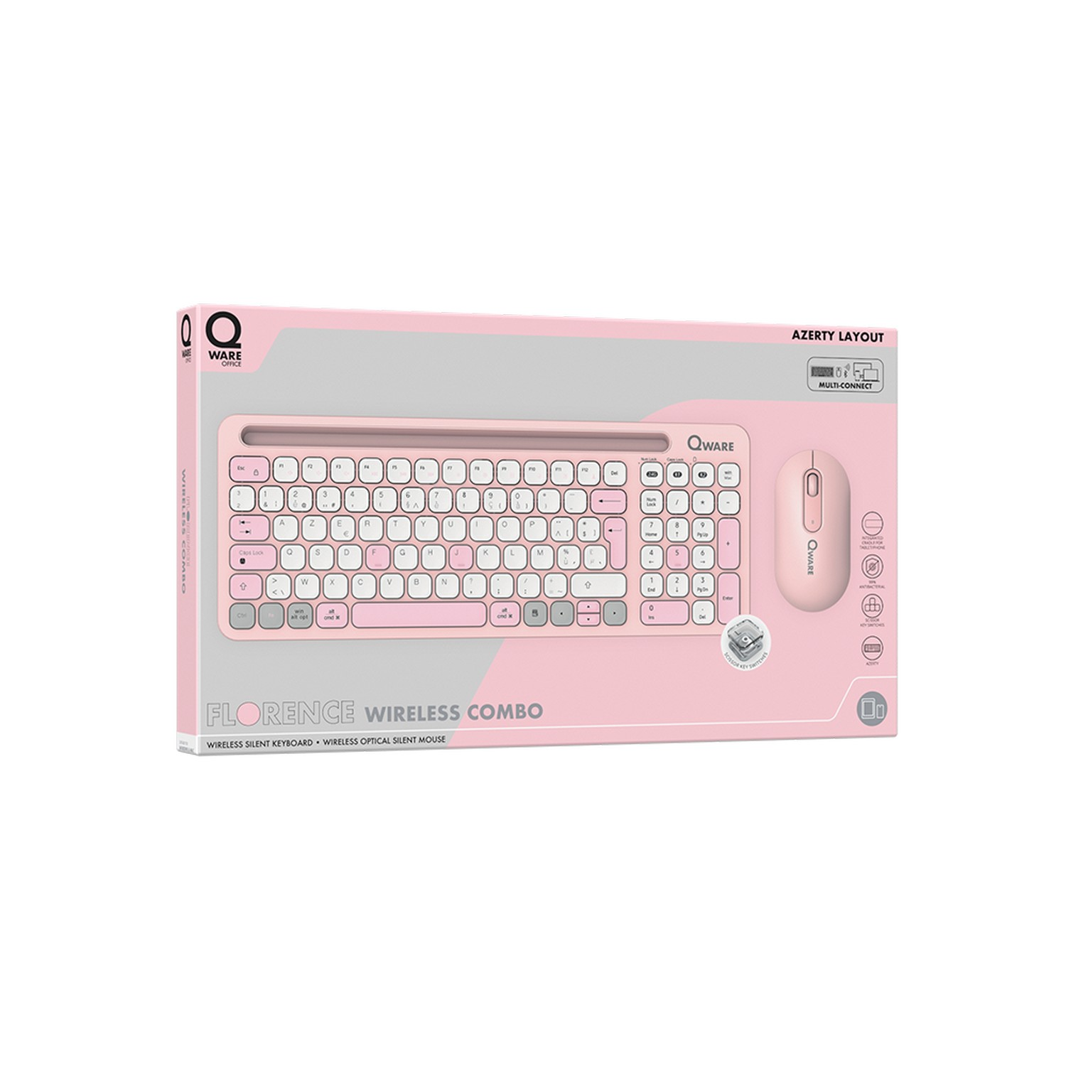 Pink wireless keyboard and mouse combo, packaged in a pink box, white background.