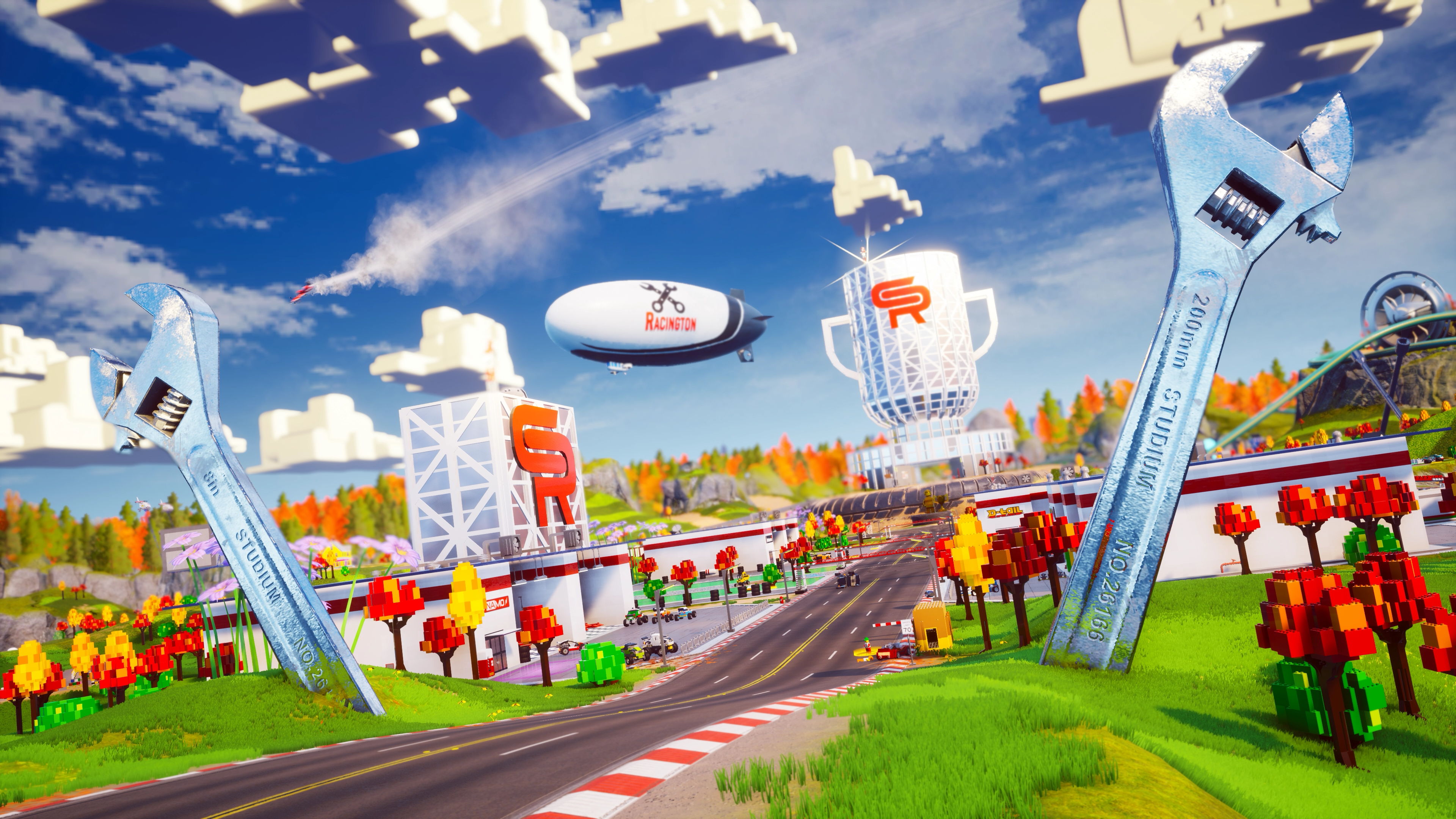 Une scène de dessin animé colorée d'une piste de course et de bâtiments.