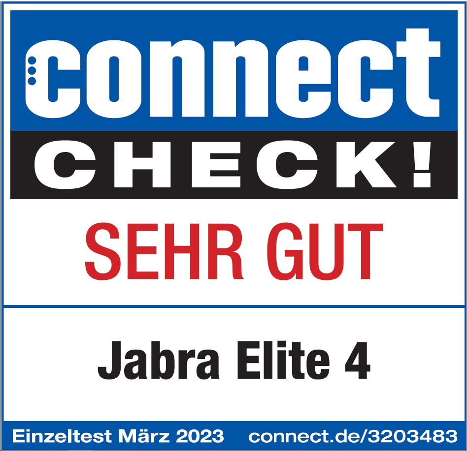 Connect Check! 'SEHR GUT', Jabra Elite 4, Einzeltest März 2023, blauer Hintergrund.