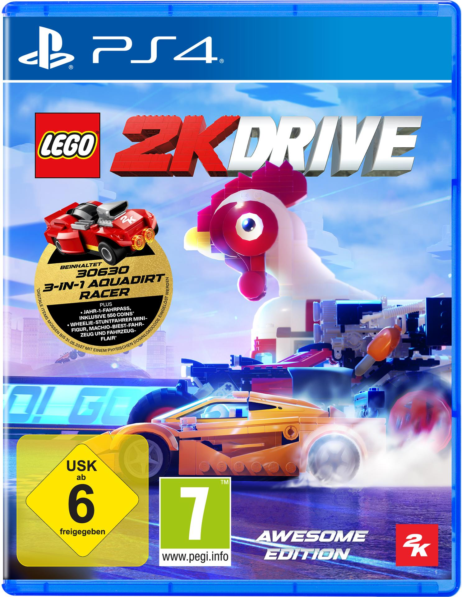 PS4-Spielbox für Lego 2K Drive. Enthält ein rotes Auto und ein Huhn.