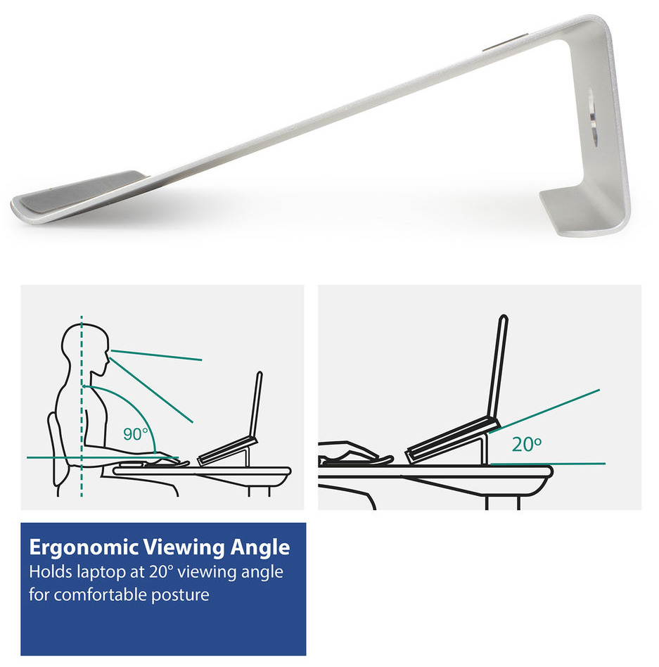 Laptop állvány, ergonomikus látószöget mutató diagramokkal.