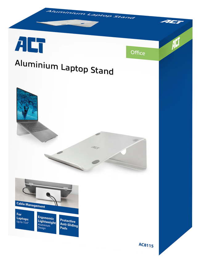 Egy fehér doboz egy laptop állvány képével. Egy laptopot mutat az állványon és a kábelkezelést.