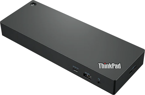 Schwarze ThinkPad-Dockingstation. Verfügt über verschiedene Anschlüsse und das ThinkPad-Logo vorne.