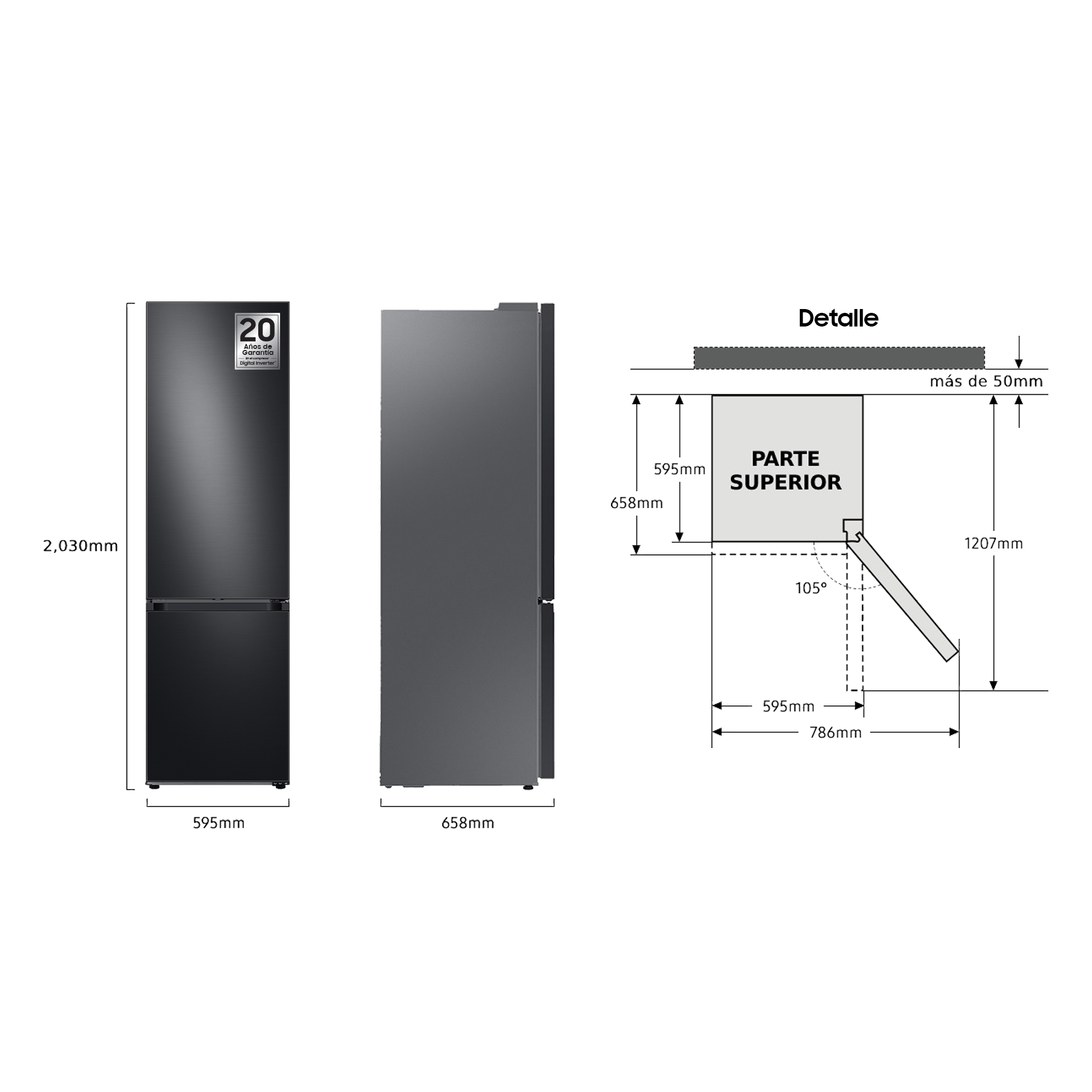 Un refrigerador negro con dimensiones y diagramas para la instalación.