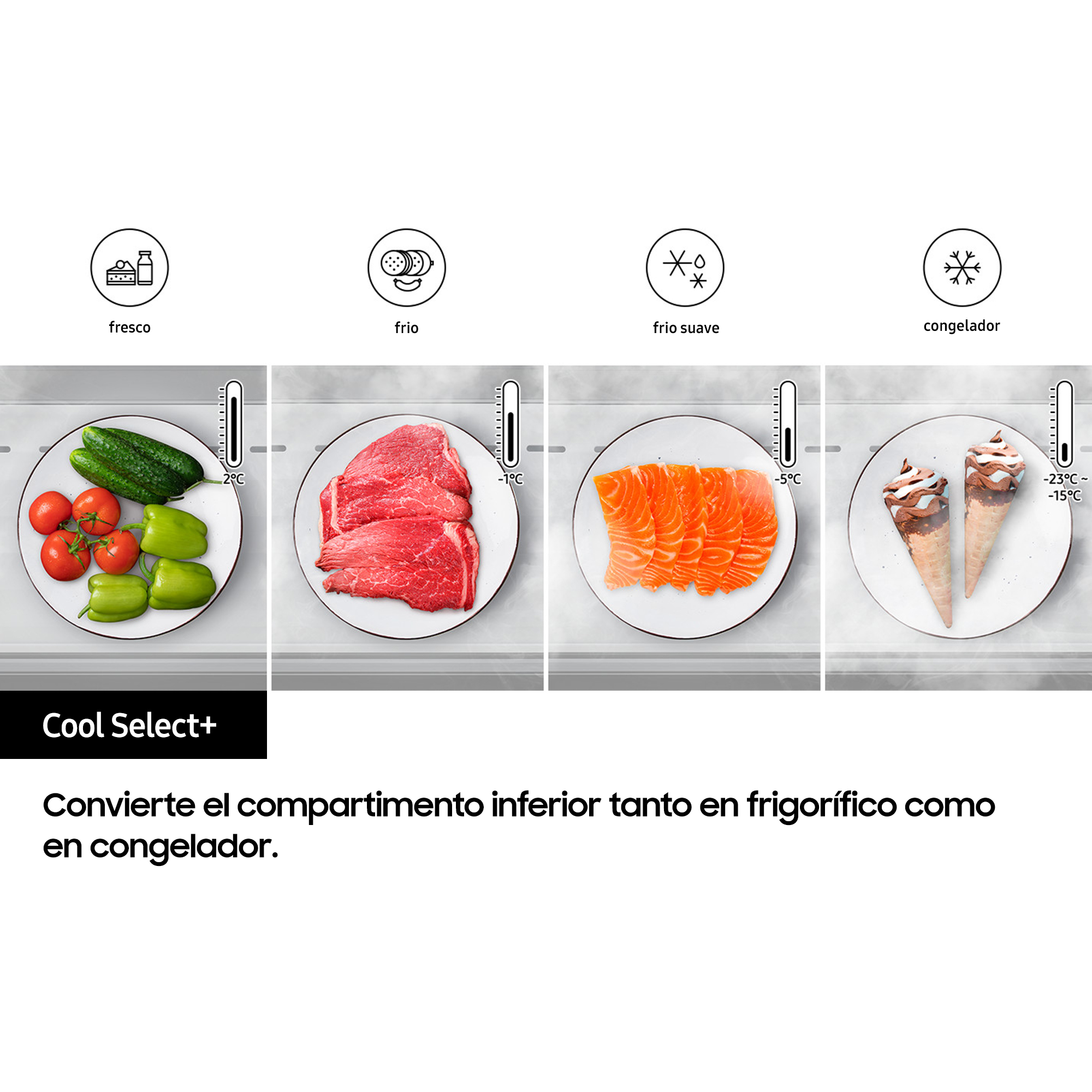Cuatro alimentos en un frigorífico, con indicadores de temperatura.