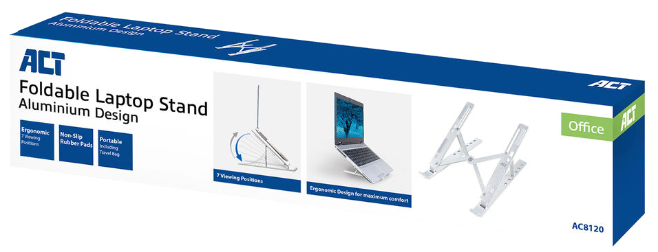Összecsukható laptopállvány doboz az állvány képeivel és szöveggel. Kék és fehér.