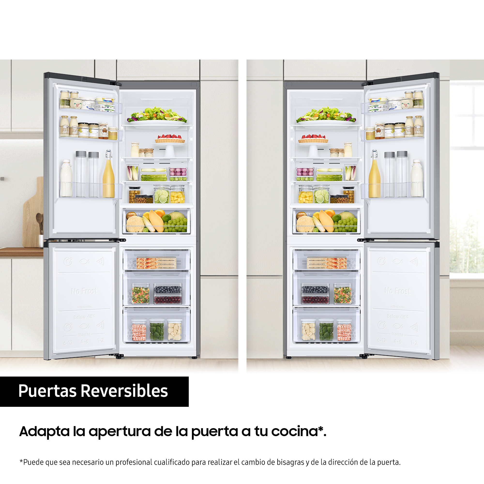Un refrigerador con dos puertas abiertas, mostrando estantes con comida. Texto en español: 'Puertas Reversibles'.