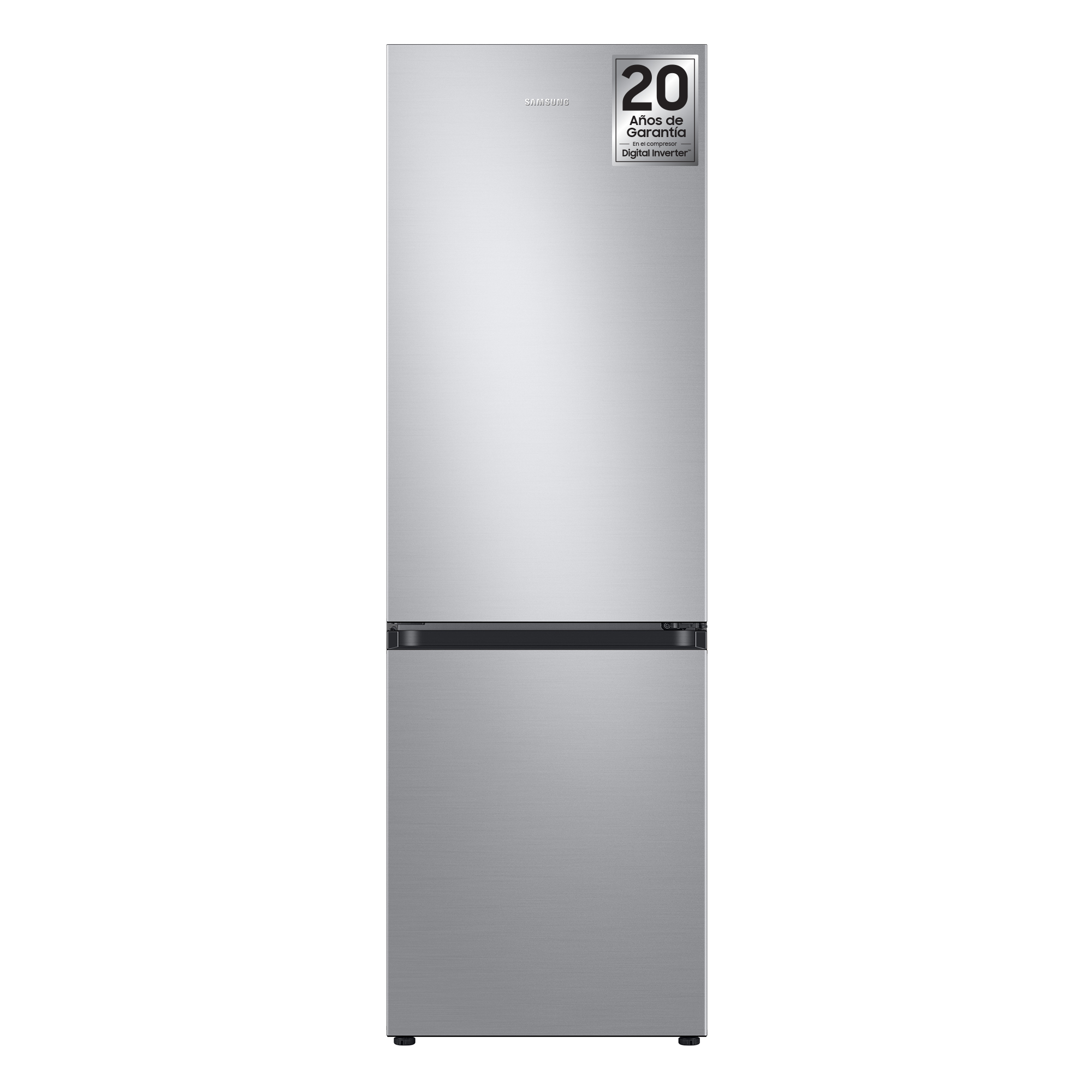 Refrigerador Samsung plateado con dos puertas. Tiradores negros. Fondo negro.