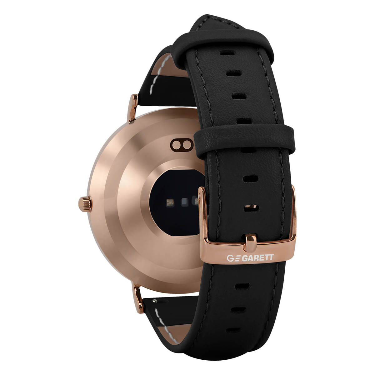 Fekete okosóra fekete bőrszíjjal és rosegold tokkal, hátulnézet.