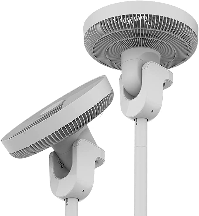 Dos ventiladores de pedestal blancos y modernos. Uno está en ángulo, el otro recto. Ambos tienen cabezales de ventilador circulares.