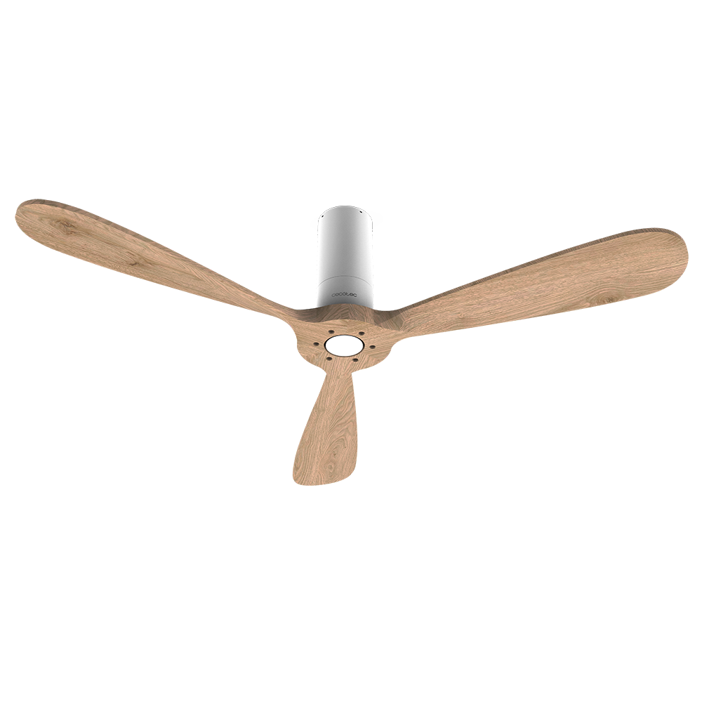 Ventilador de techo con tres aspas de madera y motor blanco. El fondo es un degradado de líneas verticales de varios colores.