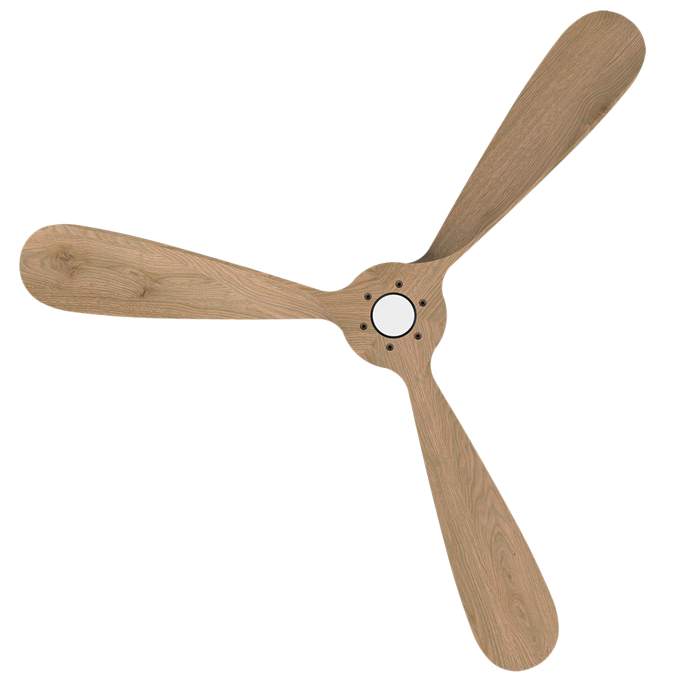 Un ventilador de techo con tres aspas de madera de color claro sobre un fondo negro.