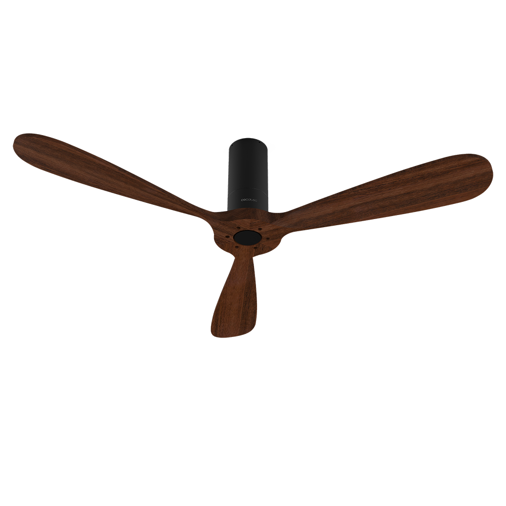 Ventilador de techo con tres aspas de madera marrón y motor negro.