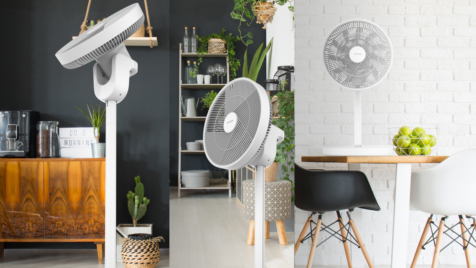 Tres imágenes de un ventilador blanco. El ventilador está en una habitación con plantas y muebles.