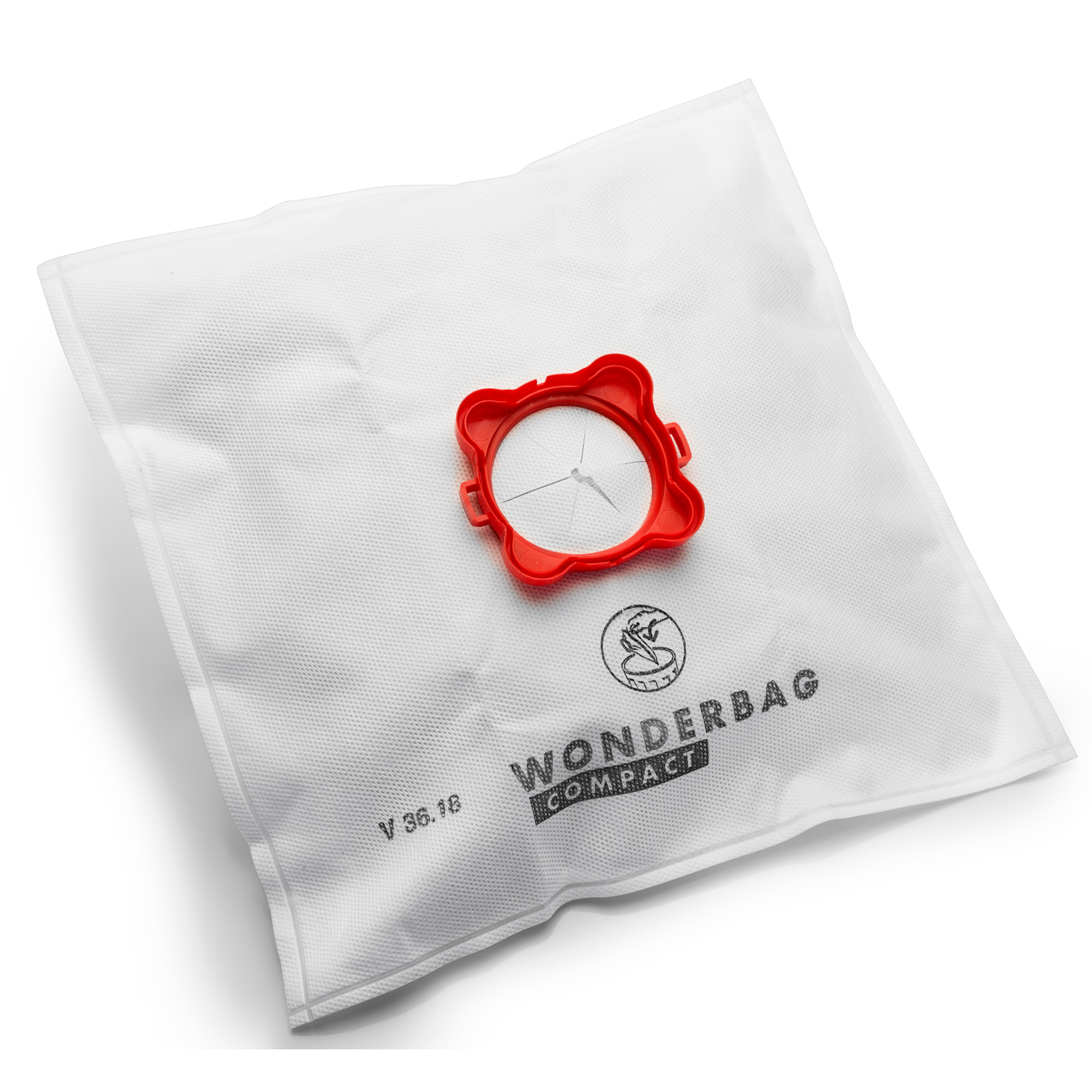 Bolsa de aspiradora blanca con montura de plástico rojo.