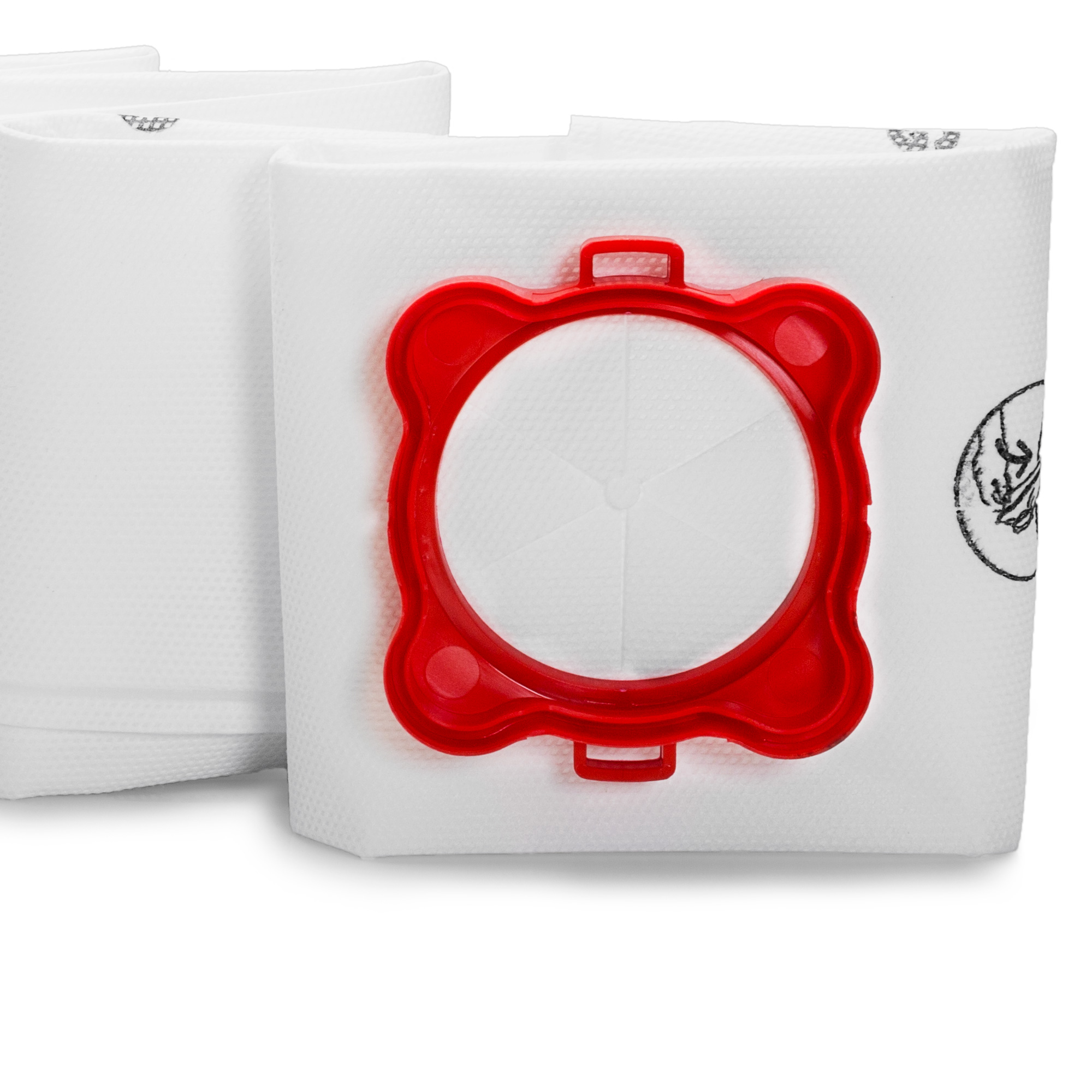 Bolsas blancas para aspiradora con un anillo rojo, primer plano.