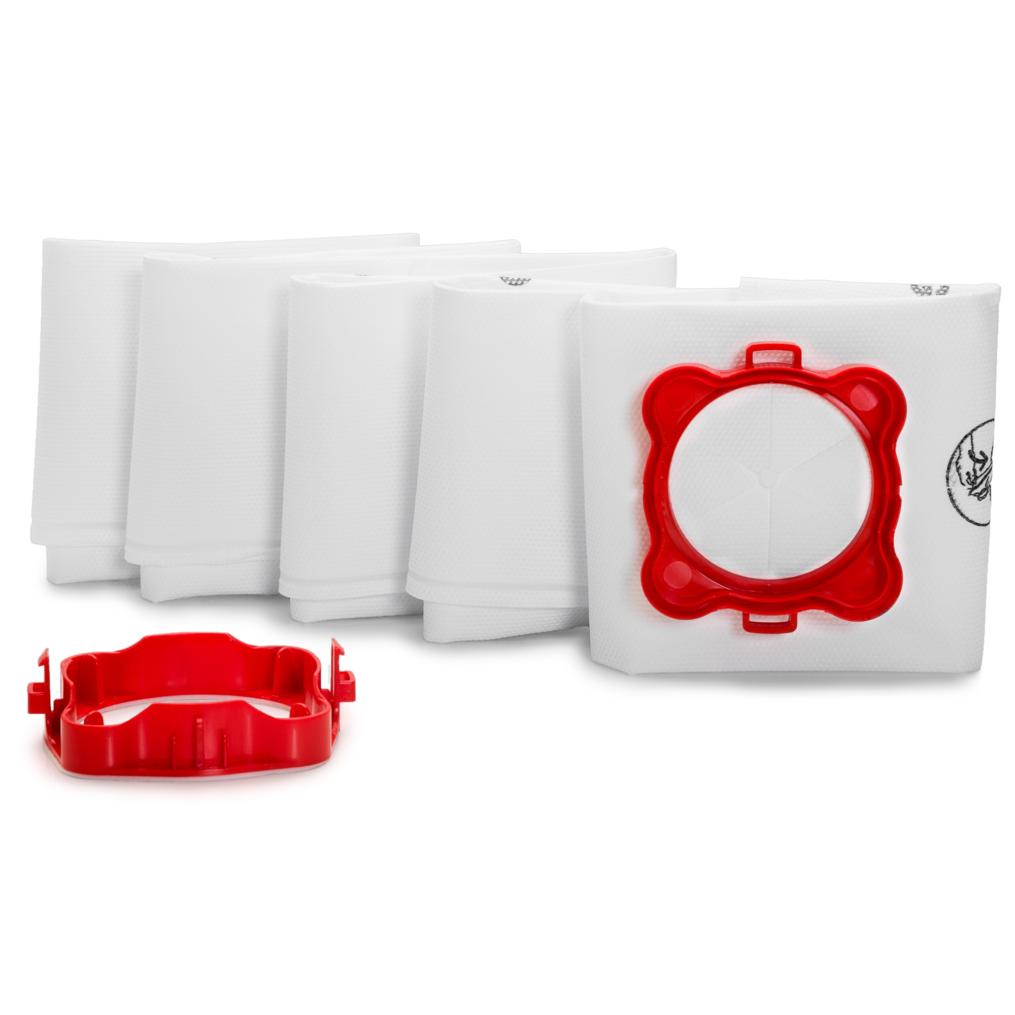 Cinco bolsas blancas para aspiradora y un marco rojo. Bolsas apiladas, marco abajo.