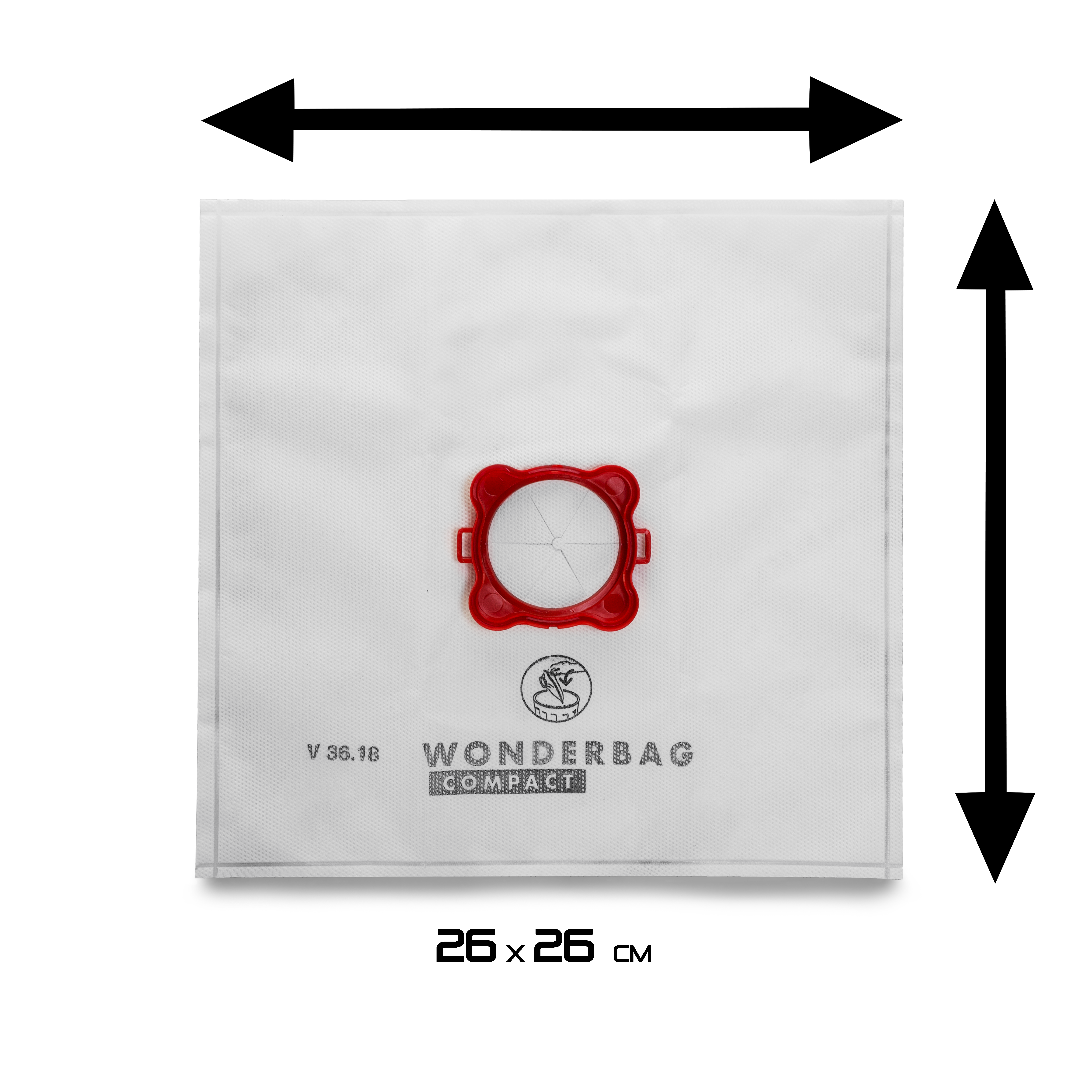Bolsa de aspiradora Wonderbag blanca con un anillo de plástico rojo. La bolsa mide 26x26 cm. Las flechas indican las dimensiones.
