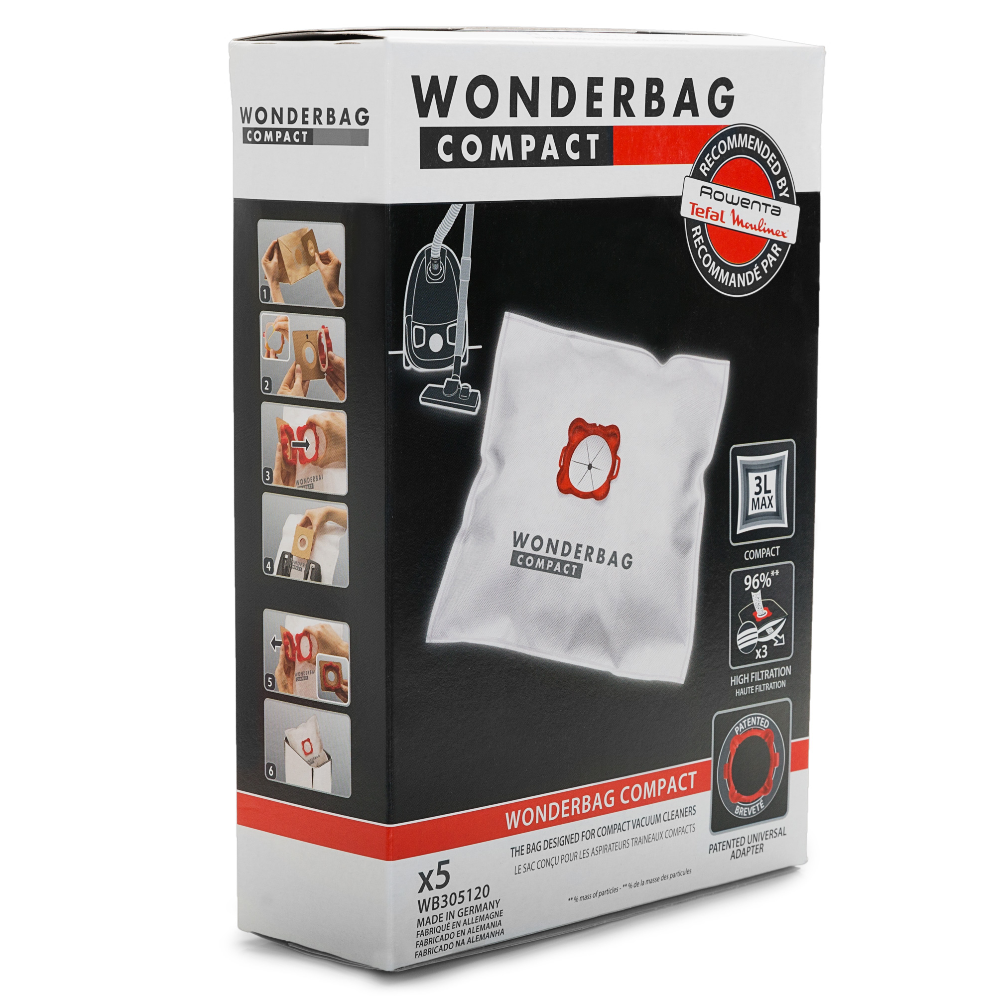 Embalaje de bolsa de aspiradora Wonderbag Compact, mostrando instrucciones de uso.