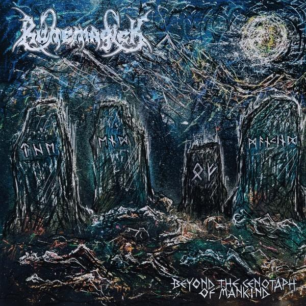 Album borító. Négy kőmonolit rúnafelirattal holdfényben. Cím: Beyond the Cenotaph of Mankind.